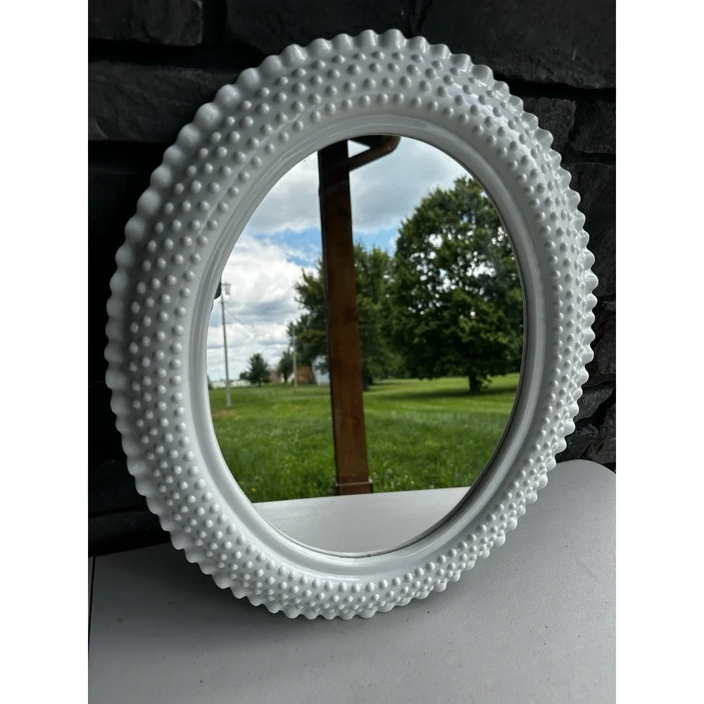Vintage Burwood Homco Faux Milk Glass Hobnail Wall Mirror Ruffled Cottage Granny